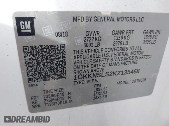2019 GMC Acadia SLE with VIN 1GKKNSLS2KZ135468, listed as a IAAI auction lot 41848995 with 50,919 mi miles and . Bid and sale history available at DreamBid. Image 9.