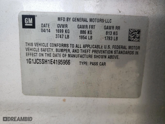 2014 Chevrolet Sonic LT with VIN 1G1JC5SH1E4195966, listed as a Copart auction lot 48574345 with 120,229 mi miles and Salvage Title. Bid and sale history available at carsss.com. Image 12.