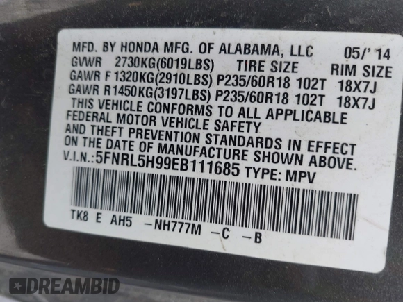 2014 Honda Odyssey Touring with VIN 5FNRL5H99EB111685, listed as a IAAI auction lot 42141227 with 183,484 mi miles and . Bid and sale history available at DreamBid. Image 9.