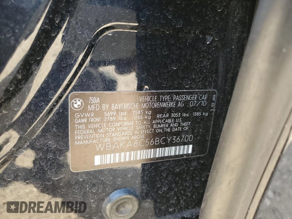 2011 BMW 7 Series 750i with VIN WBAKA8C56BCY36700, listed as a Copart auction lot 46165525 with 152,027 mi miles and Clean title. Bid and sale history available at DreamBid. Image 12.