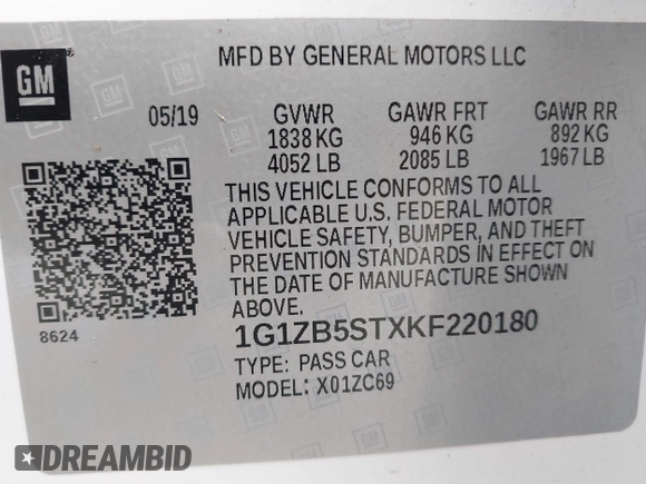 2019 Chevrolet Malibu LS with VIN 1G1ZB5STXKF220180, listed as a IAAI auction lot 42067383 with 128,325 mi miles and . Bid and sale history available at DreamBid. Image 9.