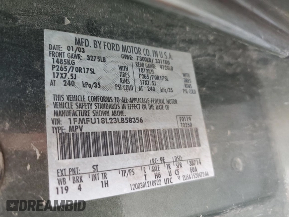 2003 Ford Expedition Eddie Bauer with VIN 1FMFU18L23LB58356, listed as a Copart auction lot 55130615 with 279,191 mi miles and Salvage title. Bid and sale history available at DreamBid. Image 13.
