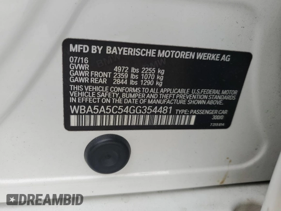 2016 BMW 5 Series 528i with VIN WBA5A5C54GG354481, listed as a Copart auction lot 46825145 with 104,165 mi miles and Salvage Title. Bid and sale history available at carsss.com. Image 12.