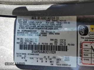 2012 Ford Fusion SEL with VIN 3FAHP0JG8CR217039, listed as a Copart auction lot 52078065 with 153,506 mi miles and Salvage Title. Bid and sale history available at carsss.com. Image 12.