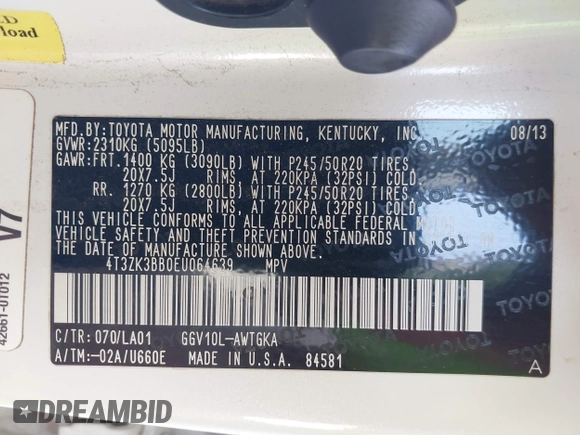2014 Toyota Venza LE with VIN 4T3ZK3BB0EU064639, listed as a IAAI auction lot 42084025 with 200,406 mi miles and . Bid and sale history available at DreamBid. Image 9.