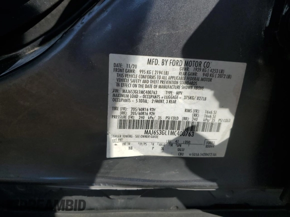 2021 Ford EcoSport SE with VIN MAJ6S3GL1MC400763, listed as a Copart auction lot 48914775 with 128,780 mi miles and Salvage title. Bid and sale history available at DreamBid. Image 15.