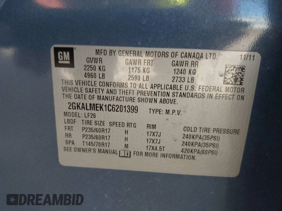 2012 GMC Terrain SLE-1 with VIN 2GKALMEK1C6201399, listed as a IAAI auction lot 41923221 with 146,535 mi miles and . Bid and sale history available at carsss.com. Image 9.