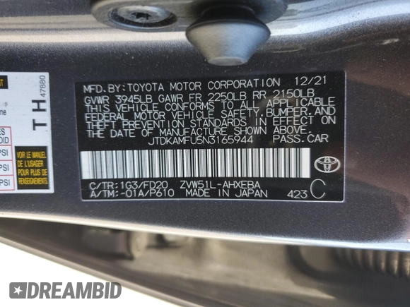 2022 Toyota Prius L Eco with VIN JTDKAMFU5N3165944, listed as a Copart auction lot 49791275 with 80,385 mi miles and Salvage Title. Bid and sale history available at DreamBid. Image 12.