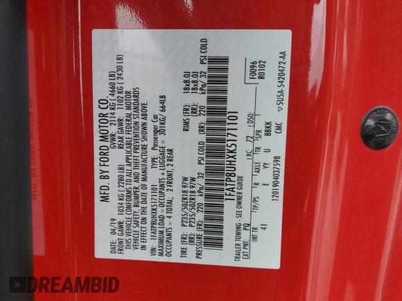 2019 Ford Mustang EcoBoost with VIN 1FATP8UHXK5171101, listed as a Copart auction lot 48926235 with 38,080 mi miles and Salvage Title. Bid and sale history available at carsss.com. Image 15.