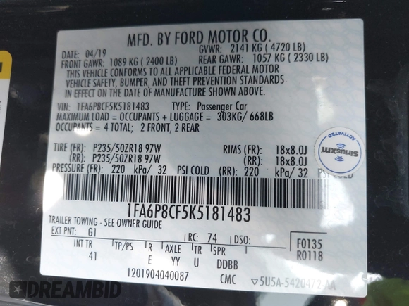 2019 Ford Mustang GT with VIN 1FA6P8CF5K5181483, listed as a IAAI auction lot 42012641 with 23,317 mi miles. Bid and sale history available at carsss.com. Image 9.