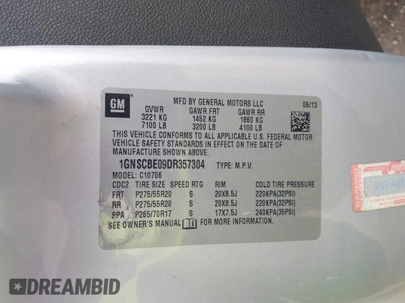 2013 Chevrolet Tahoe LT with VIN 1GNSCBE09DR357304, listed as a IAAI auction lot 42361887 with 96,229 mi miles and . Bid and sale history available at DreamBid. Image 9.