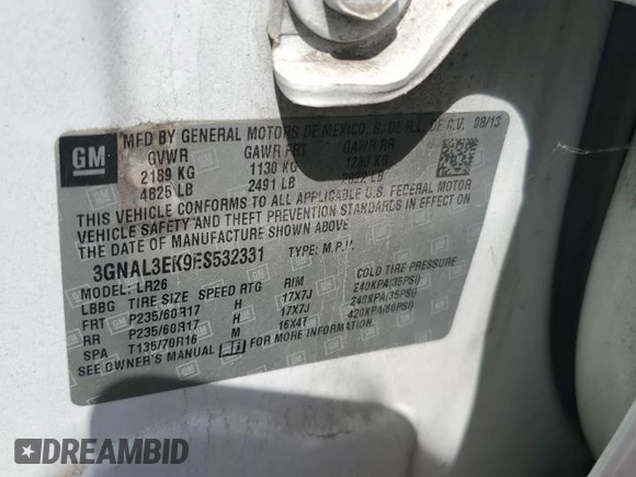 2014 Chevrolet Captiva Sport LT with VIN 3GNAL3EK9ES532331, listed as a Copart auction lot 72012374 with 184,700 mi miles and Salvage Title. Bid and sale history available at DreamBid. Image 13.