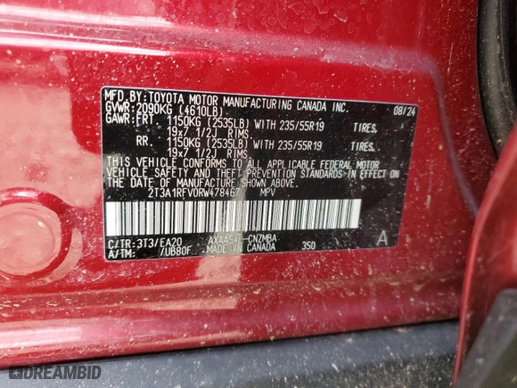 2024 Toyota RAV4 XLE Premium with VIN 2T3A1RFV0RW478467, listed as a Copart auction lot 52505305 with 7,367 mi miles and Salvage Title. Bid and sale history available at carsss.com. Image 12.