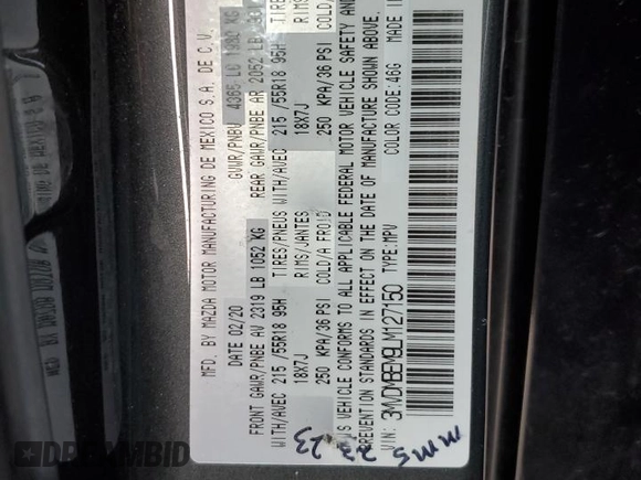 2020 Mazda CX-30 Premium z VIN 3MVDMBEM9LM127150, wystawiony jako Copart lot #51527295 z przebiegiem 27 207 mil mil oraz Szkoda całkowita • Salvage title. Historia ofert i sprzedaży dostępna na DreamBid. Obrazek 13.