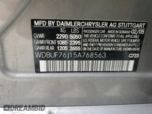 2005 Mercedes-Benz E-Class 5.5L AMG with VIN WDBUF76J15A768563, listed as a Copart auction lot 54874585 with 108,952 mi miles and Salvage Title. Bid and sale history available at carsss.com. Image 13.