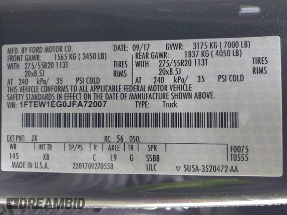 2018 Ford F-150 XL с VIN 1FTEW1EG0JFA72007, выставлен на аукционе IAAI как лот 41147065 с пробегом 56 790 миль миль и . История ставок и продаж доступна на DreamBid. Изображение 9.