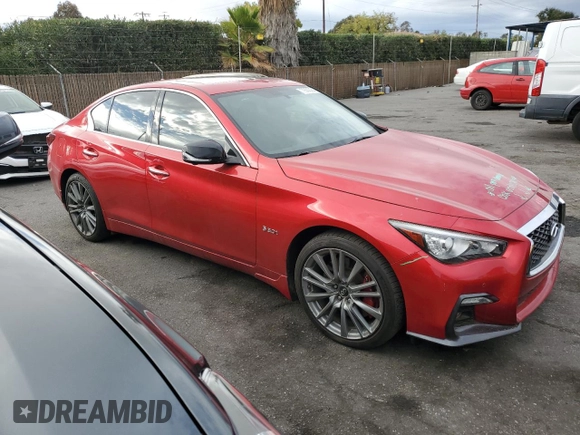 2018 Infiniti Q50 Red Sport 400 with VIN JN1FV7AR6JM481502, listed as a Copart auction lot 79382084 with 74,095 mi miles and Salvage title. Bid and sale history available at DreamBid. Image 4.