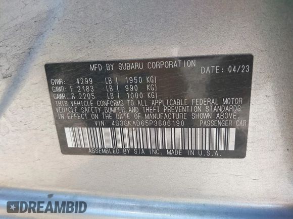 2023 Subaru Impreza Premium with VIN 4S3GKAD65P3606190, listed as a IAAI auction lot 41003890 with 15,720 mi miles and . Bid and sale history available at DreamBid. Image 9.