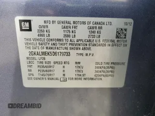 2013 GMC Terrain SLE with VIN 2GKALMEK5D6179733, listed as a Copart auction lot 51626855 with 139,710 mi miles and Salvage title. Bid and sale history available at DreamBid. Image 14.