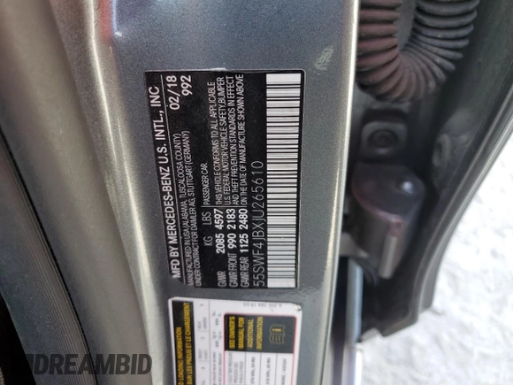 2018 Mercedes-Benz C 300 with VIN 55SWF4JBXJU265610, listed as a Copart auction lot 57435215 with 46,071 mi miles and Salvage title. Bid and sale history available at DreamBid. Image 12.