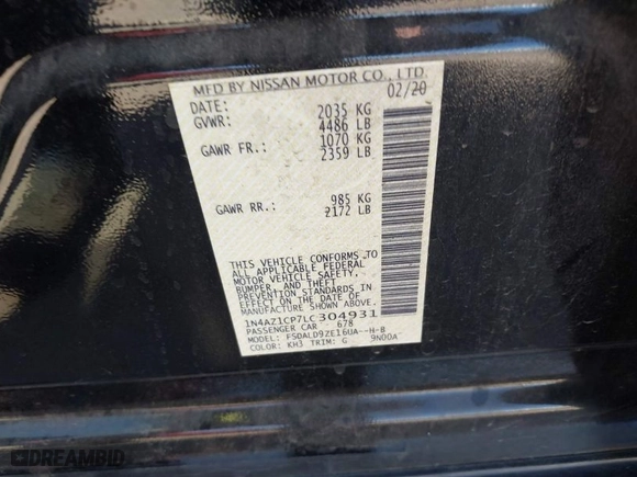 2020 Nissan LEAF SV with VIN 1N4AZ1CP7LC304931, listed as a IAAI auction lot 41720009 with 46,120 mi miles. Bid and sale history available at carsss.com. Image 9.