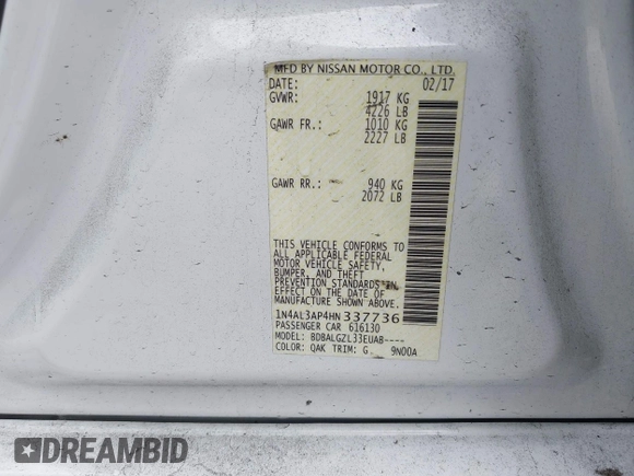 2017 Nissan Altima S z VIN 1N4AL3AP4HN337736, wystawiony jako IAAI lot #41724721 z przebiegiem 141 799 mil mil oraz . Historia ofert i sprzedaży dostępna na DreamBid. Obrazek 9.