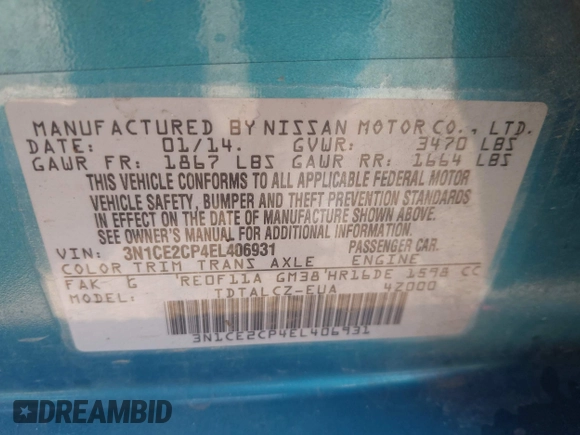 2014 Nissan Note S with VIN 3N1CE2CP4EL406931, listed as a IAAI auction lot 42106400 with 65,614 mi miles and . Bid and sale history available at DreamBid. Image 9.