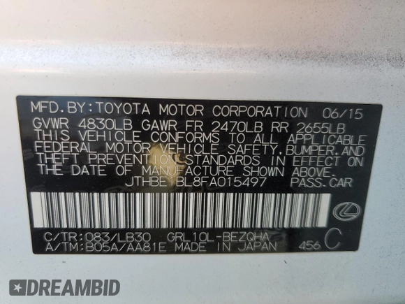 2015 Lexus GS 350 with VIN JTHBE1BL8FA015497, listed as a Copart auction lot 63062494 with 112,978 mi miles and Salvage Title. Bid and sale history available at carsss.com. Image 12.