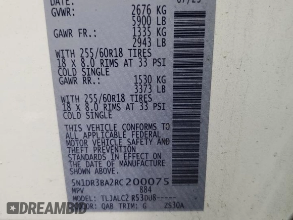 2024 Nissan Pathfinder SV with VIN 5N1DR3BA2RC200075, listed as a Copart auction lot 63467585 with 35,160 mi miles and Non repairable. Bid and sale history available at DreamBid. Image 13.