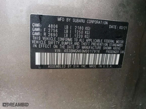 2021 Subaru Legacy Limited XT with VIN 4S3BWGN60M3017916, listed as a Copart auction lot 82842684 with 23,149 mi miles and Salvage Title. Bid and sale history available at carsss.com. Image 14.