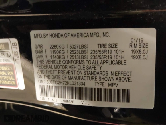 2019 Acura RDX w/Advance Pkg with VIN 5J8TC2H72KL031304, listed as a IAAI auction lot 41567506 with 78,918 mi miles. Bid and sale history available at carsss.com. Image 9.