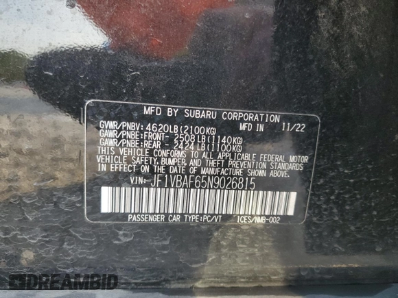 2022 Subaru WRX Premium with VIN JF1VBAF65N9026815, listed as a Copart auction lot 84898924 with 24,233 mi miles and Salvage Title. Bid and sale history available at carsss.com. Image 12.