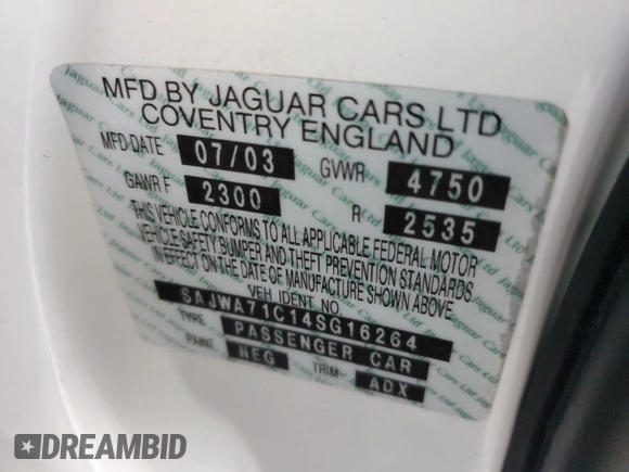 2004 Jaguar XJ with VIN SAJWA71C14SG16264, listed as a Copart auction lot 83251554 with 267,493 mi miles and Salvage Title. Bid and sale history available at carsss.com. Image 13.