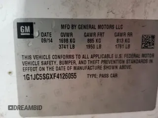 2015 Chevrolet Sonic LT with VIN 1G1JC5SGXF4126055, listed as a Copart auction lot 59579035 with 169,985 mi miles and Salvage title. Bid and sale history available at DreamBid. Image 12.