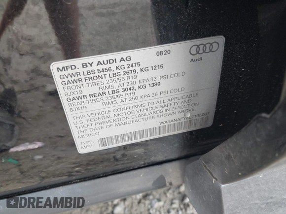 2020 Audi Q5 Premium with VIN WA1ANAFY6L2105007, listed as a IAAI auction lot 42400742 with 43,916 mi miles and . Bid and sale history available at DreamBid. Image 9.