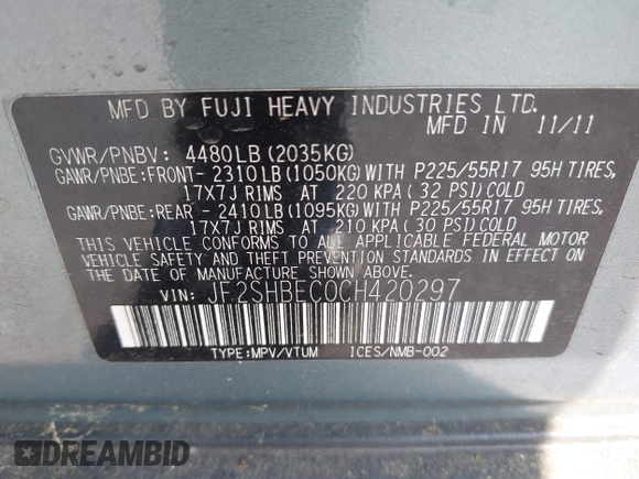 2012 Subaru Forester X Limited with VIN JF2SHBEC0CH420297, listed as a IAAI auction lot 42468792 with 170,820 mi miles and . Bid and sale history available at DreamBid. Image 9.