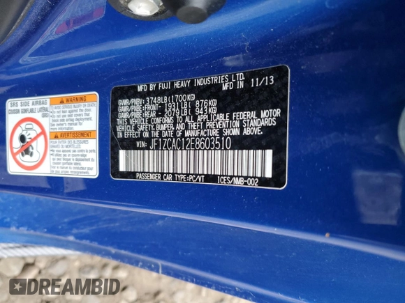 2014 Subaru BRZ Limited with VIN JF1ZCAC12E8603510, listed as a Copart auction lot 85144774 with Not provided miles and Salvage title. Bid and sale history available at DreamBid. Image 14.