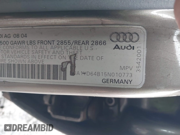 2005 Audi allroad A6 V8 with VIN WA1YD64B15N010773, listed as a IAAI auction lot 41181342 with 190,873 mi miles and . Bid and sale history available at DreamBid. Image 9.