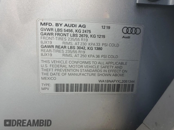 2020 Audi Q5 Premium Plus with VIN WA1BNAFYXL2051344, listed as a Copart auction lot 70340064 with 60,985 mi miles and Salvage Title. Bid and sale history available at carsss.com. Image 14.
