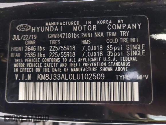 2020 Hyundai Tucson Ultimate с VIN KM8J33AL0LU102509, выставлен на аукционе IAAI как лот 41405192 с пробегом 120 127 миль миль и . История ставок и продаж доступна на DreamBid. Изображение 9.