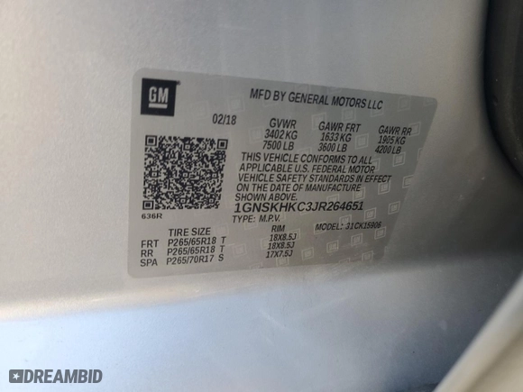 2018 Chevrolet Suburban LT with VIN 1GNSKHKC3JR264651, listed as a Copart auction lot 49766885 with 0 mi miles and Salvage Title. Bid and sale history available at carsss.com. Image 13.