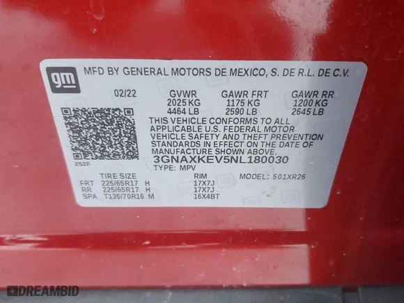 2022 Chevrolet Equinox LT with VIN 3GNAXKEV5NL180030, listed as a Copart auction lot 83838384 with 0 mi miles and Non Repairable. Bid and sale history available at carsss.com. Image 13.