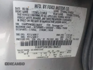 2008 Ford Taurus SEL z VIN 1FAHP24W28G186822, wystawiony jako IAAI lot #42173076 z przebiegiem 243 849 mil mil oraz . Historia ofert i sprzedaży dostępna na DreamBid. Obrazek 9.