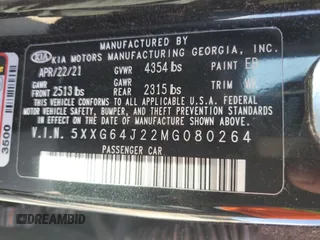 2021 Kia K5 GT-Line with VIN 5XXG64J22MG080264, listed as a Copart auction lot 48386005 with 20,684 mi miles and Salvage Title. Bid and sale history available at carsss.com. Image 12.