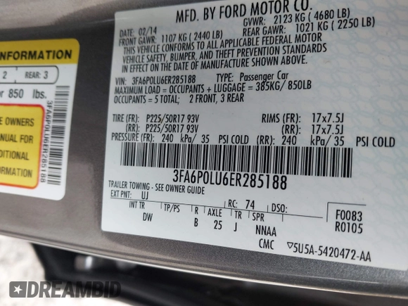 2014 Ford Fusion SE Hybrid with VIN 3FA6P0LU6ER285188, listed as a IAAI auction lot 42516215 with 122,899 mi miles and . Bid and sale history available at DreamBid. Image 9.