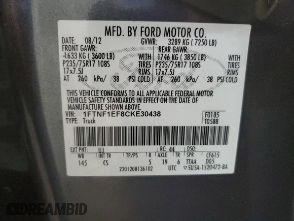 2012 Ford F-150 XL with VIN 1FTNF1EF8CKE30438, listed as a Copart auction lot 72623564 with 43,561 mi miles and Salvage title. Bid and sale history available at DreamBid. Image 12.