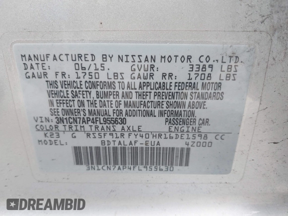 2015 Nissan Versa S Plus with VIN 3N1CN7AP4FL955630, listed as a IAAI auction lot 41360782 with 130,202 mi miles and . Bid and sale history available at DreamBid. Image 9.