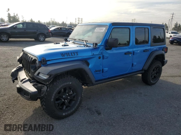 2022 Jeep Wrangler Unlimited Willys with VIN 1C4HJXDM0NW152614, listed as a Copart auction lot 83208664 with 51,913 mi miles and Salvage Title. Bid and sale history available at DreamBid. Image 1.