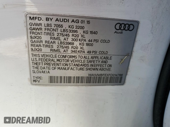 2015 Audi Q7 3.0L TDI Prestige with VIN WA1VMBFEXFD014766, listed as a Copart auction lot 68034232 with 106,461 mi miles. Bid and sale history available at carsss.com. Image 14.