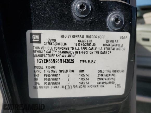 2003 Cadillac Escalade z VIN 1GYEK63N93R143629, wystawiony jako Copart lot #50333955 z przebiegiem 102 828 mil mil oraz Szkoda całkowita • Salvage title. Historia ofert i sprzedaży dostępna na DreamBid. Obrazek 13.